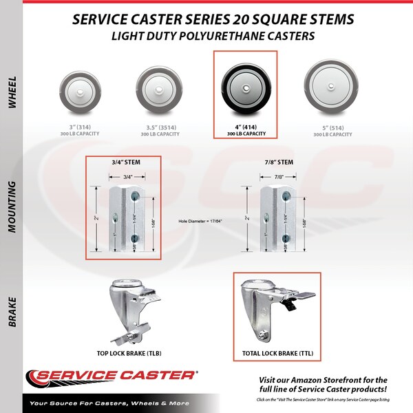 Service Caster 4 Inch Black Poly Wheel Swivel 3/4 Inch Square Stem Caster Set Total Lock Brake SCC-SQTTL20S414-PPUB-BLK-34-4 - main